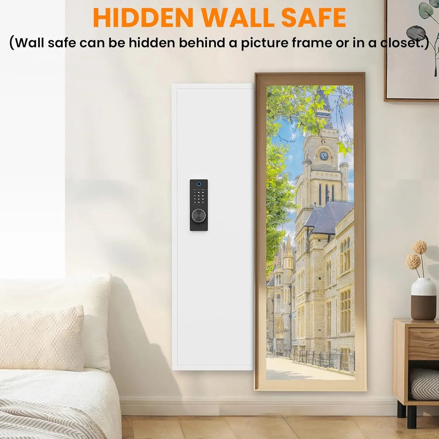 آمن جداري مقاس 53.15 بوصة بين الأزرار، آمن لبصمة الإصبع البيومترية المخفية مع نظام إنذار مزدوج ووضع صامت