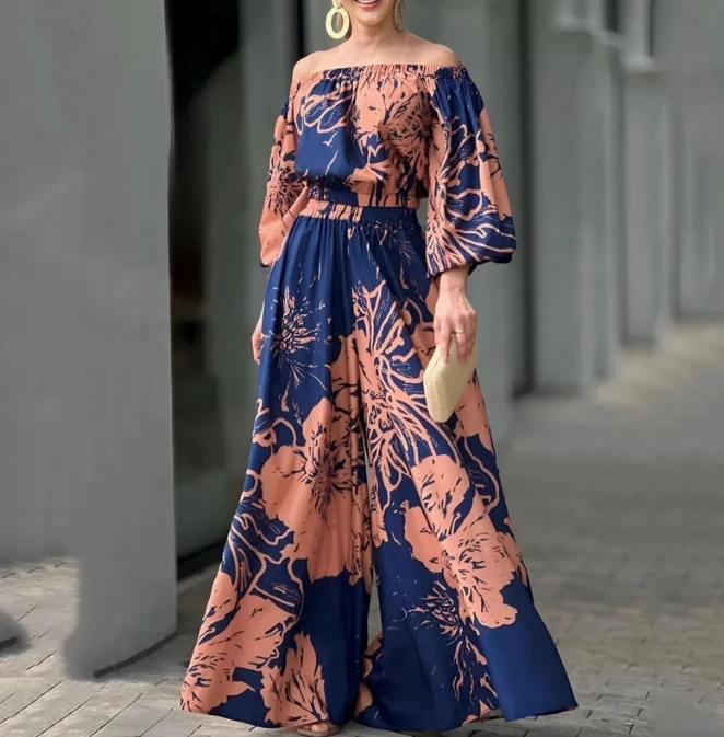 

One Line Collar, Off The Shoulder Buckle, Lantern Sleeve, Casual Print, Off The Shoulder Waist Wide Leg Pants Fashion Casual Set