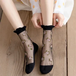 Summer Ultra-thin Transparent Lace Ruffle Socks Vintage Rose Flower Crystal Silk Socks Women Girls Kawaii Harajuku Crew Socks