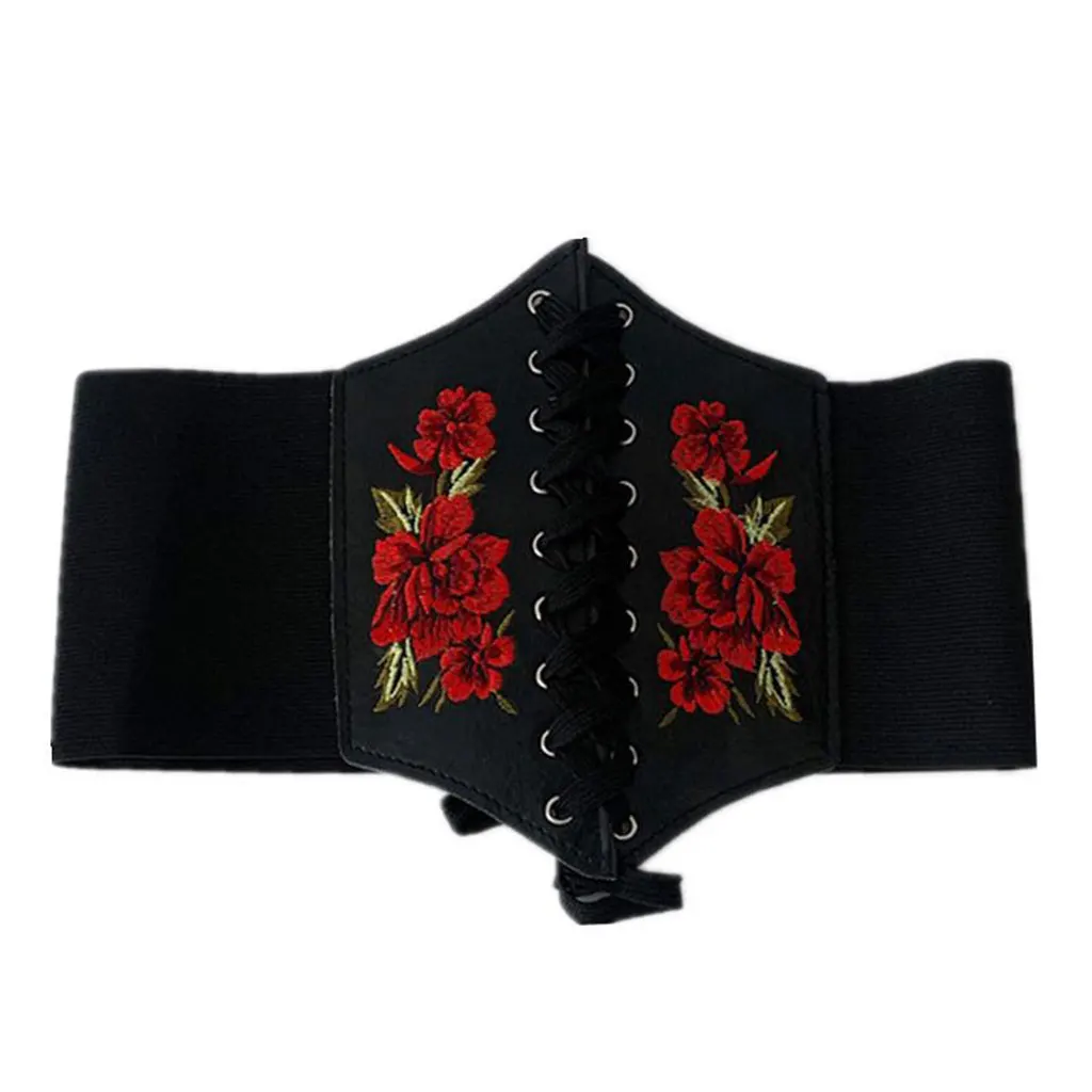 Stylish Women Wide Elastic Waist Belt Lace-Up Tied Waspie Belts W/ Embroidery