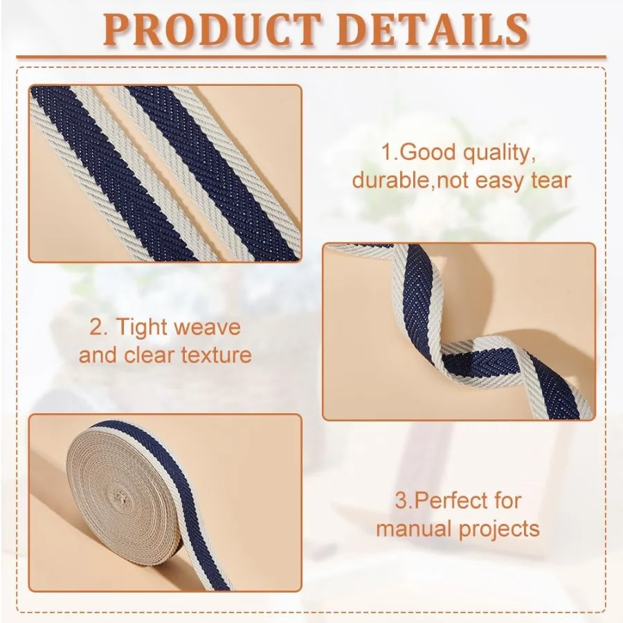 10 jardas de poliéster algodão listrado webbing 1.25 ihes largura meia-noite tecido azul webbing guarnição plana poliéster algodão webbing para ba
