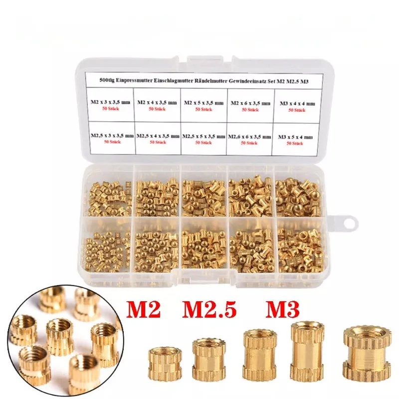 ELECTRAPICK 500pcs M2 M2.5 M3 Brass Threaded Insert Knurled Nut 3D Printing Press-Fit Round Regular NutSet Insert Assortment Set