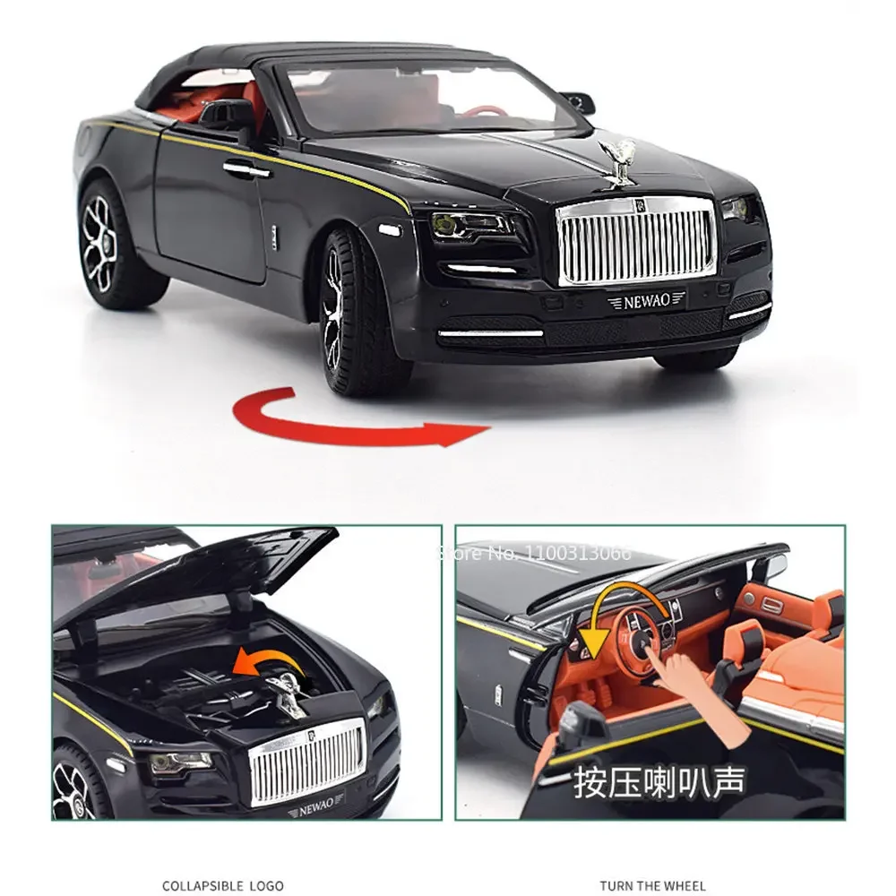 1:24 escala rolls-royce amanhecer brinquedo modelo carros liga diecast suv 4 portas abertas som luz puxar para trás veículos em miniatura crianças presentes