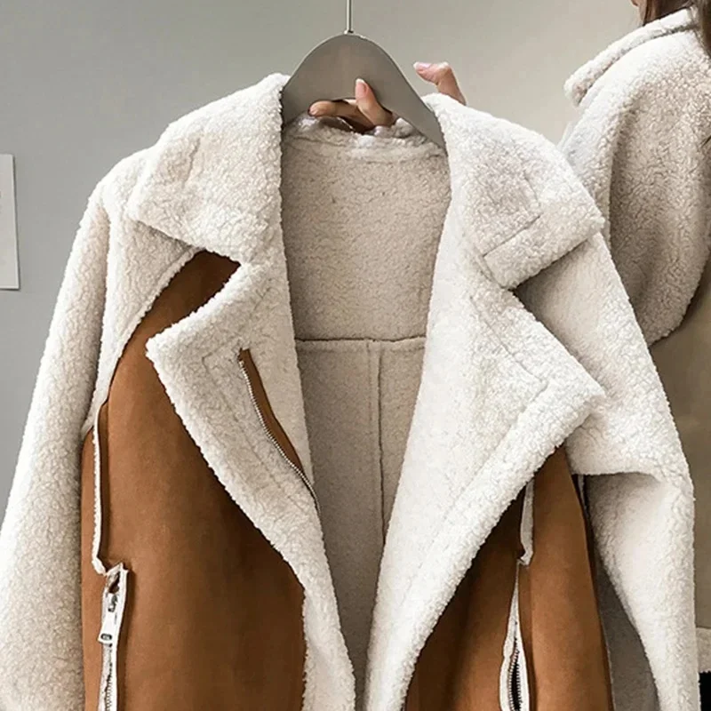 

Women Fleece Thicken Coat Winter Loose Splice Contrast Biker Jacket Korean Brown Vintage Large Size Casual Lapel Female Outwear