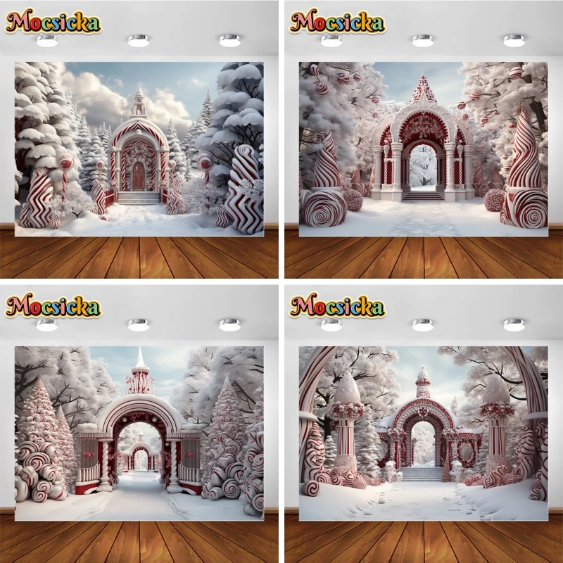 Christmas Girls Portrait Photo Backgrounds Amusement Park Gate Cedar And Xmas Tree Decoration Backdrops Photography Studio Props