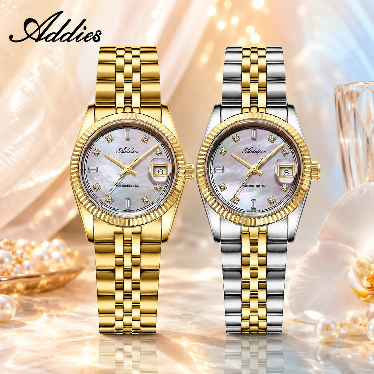 ADDIES Czech rhinestones Swiss 585 Ladies Luxury Quartz Watch 5Bar Waterproof Sapphire Glass Watches Dress Wristwatch for women