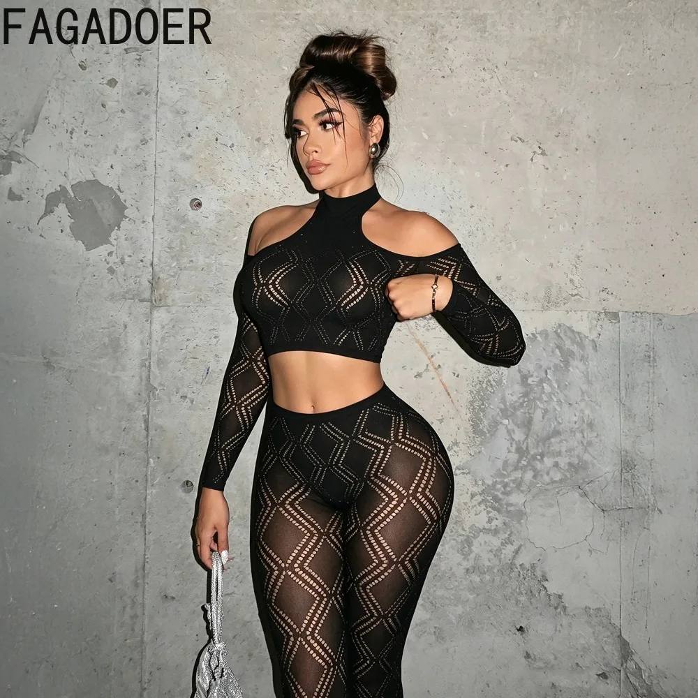 FAGADOER Sexy Mesh See Through 2 Piece Matching Set Women Off Showlder Hollow Out Crop Top and Leggings Club Party Outfits New