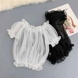 Japan Lolita Lining Mesh Blouse 2023 Summer Women Ruffles Puff Sleeve Lace Shirt Lady Thin Transparent Bottom Blouses Short Tops