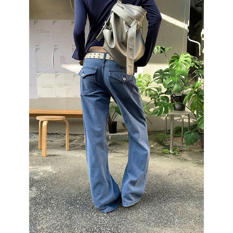 Benuynffy American Fashion Straight Leg Low Waist Jeans Women 2026 Autumn New 2000s Streetwear Retro All Match Denim Trousers