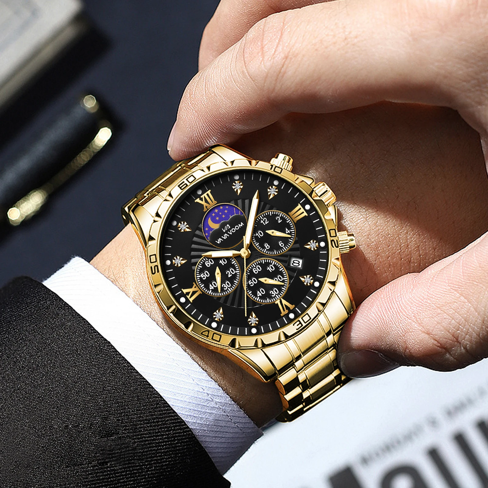 Men Watch US Fast Delivery Multifunctional Luxurious Rhinestone Moonlight Stainless Steel Business Leisure Quartz 1 Set Watches