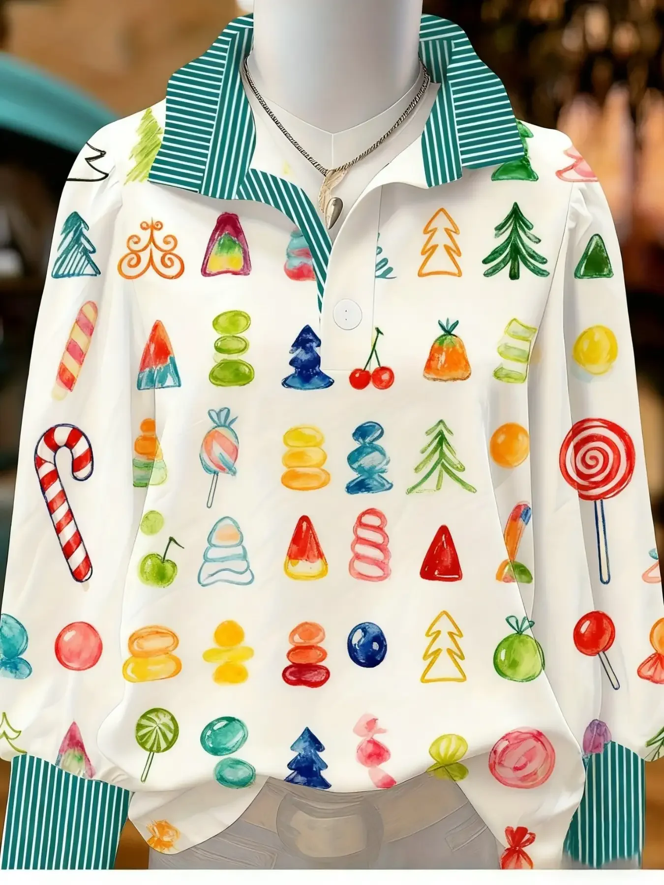 Women's Plus Size Long Sleeve Stand Collar Shirt with Creative Print for Spring, Perfect for Vacation Travel 