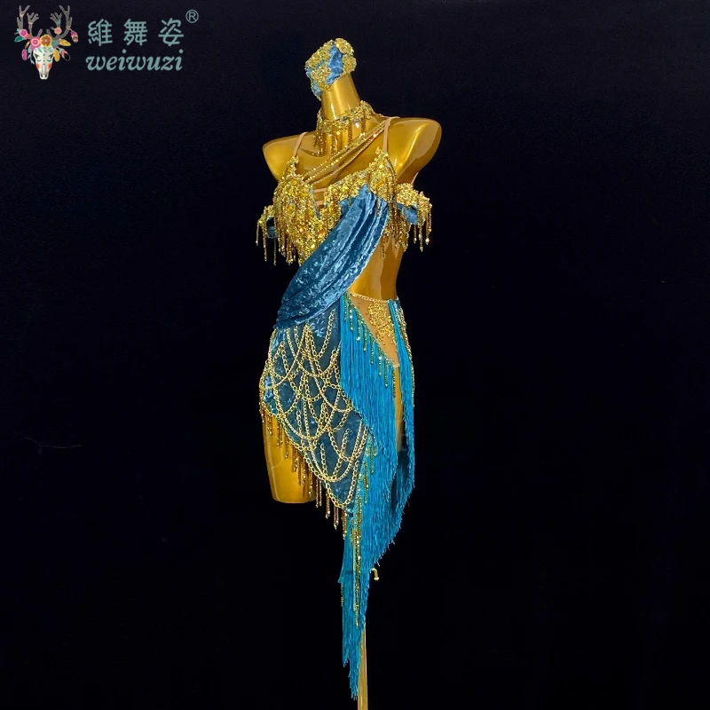 Vestito da performance di danza latina Donna Abito da competizione Tango ChaCha Samba di fascia alta personalizzato Senior AB Stones Nappa