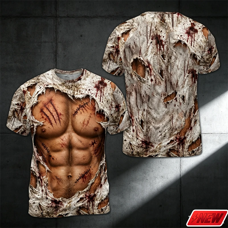 Halloween Zombie T Shirt Men 3D Print Torn Ripped Fake Muscle Abs Blood Graphic Short Sleeve Tee Quick Dry Cosplay Party Tops