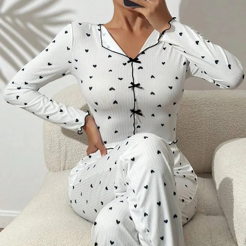 

Women's Loungewear Sets Heart Print Cami Tops Bow lapel Long sleeved and Elastic Waist Pants Sleepwear Spring Summer Pajamas