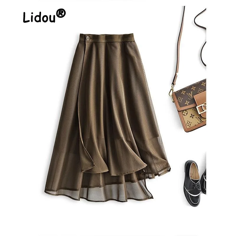 Fashion Summer Cool Thin Mesh Irregular Hem Women's Personality Half Skirt New Button Simple Versatile Classic Lady Skirt