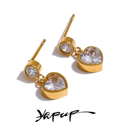 Yhpup Delicate Shiny Cubic Zirconia Heart Drop Small Earrings for Ladies Stainless Steel High Quality PVD Daily Jewelry Gift