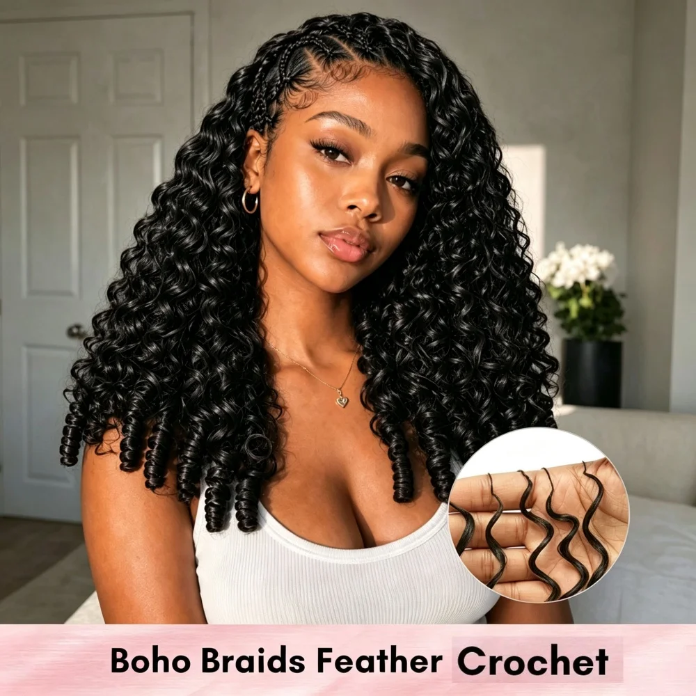 Burmese Curly Crochet Human Hair PreSeparated  Feather Crochet Human Hair Extension Knotless Lightweight Reusable For Black Women 10- 30 Inch