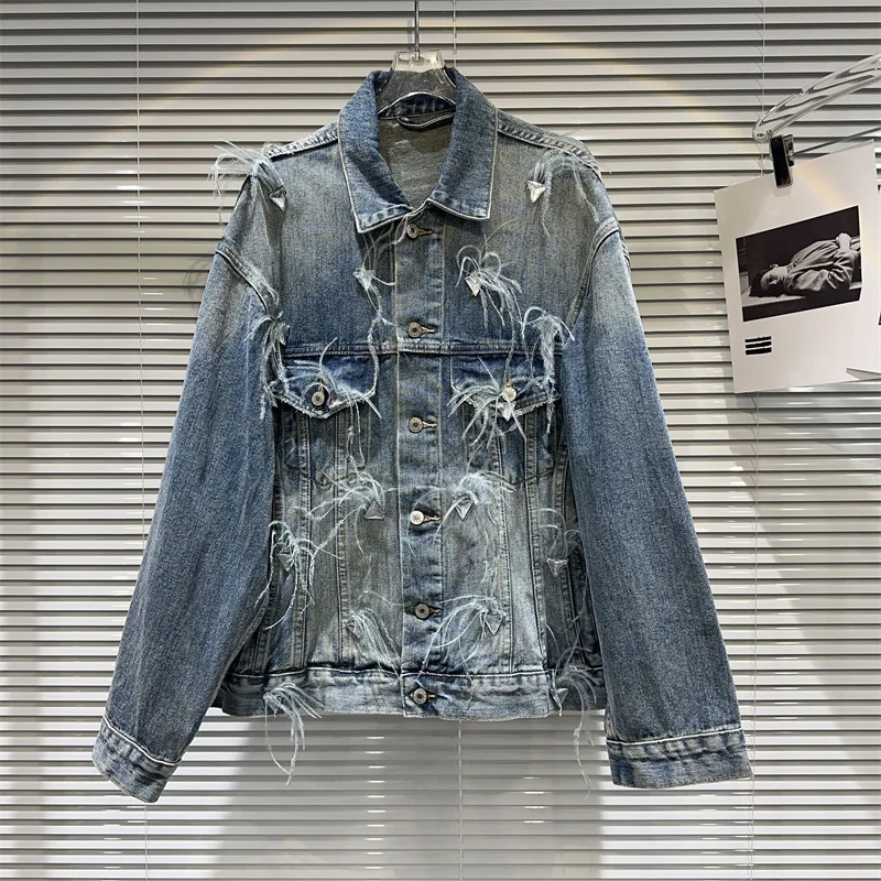 

Streetwear Fashion Diamond Feathers Decoration Denim Jacket Women Loose Lapel Long Sleeve Blue Jeans Jacket Spring Autumn New