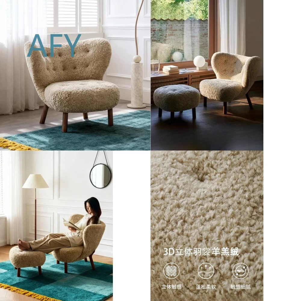 Cream Wabi Sabi Lamb Wool Sofa Chair for Medieval French Casual Living Room Decor Solid Wood Small Petra Lazy Single Seating