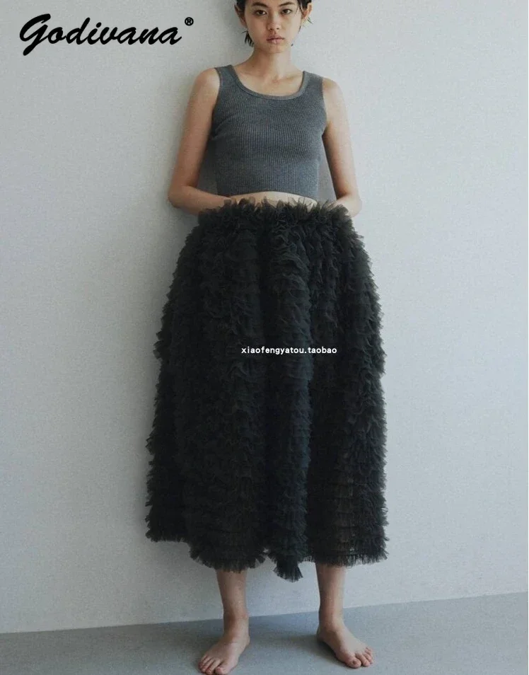 Japanese Style Women Girls Elastic High Waist Dream Mesh Princess Bud Cake Puffy Skirt Fairy Female Gauze Long Skirts