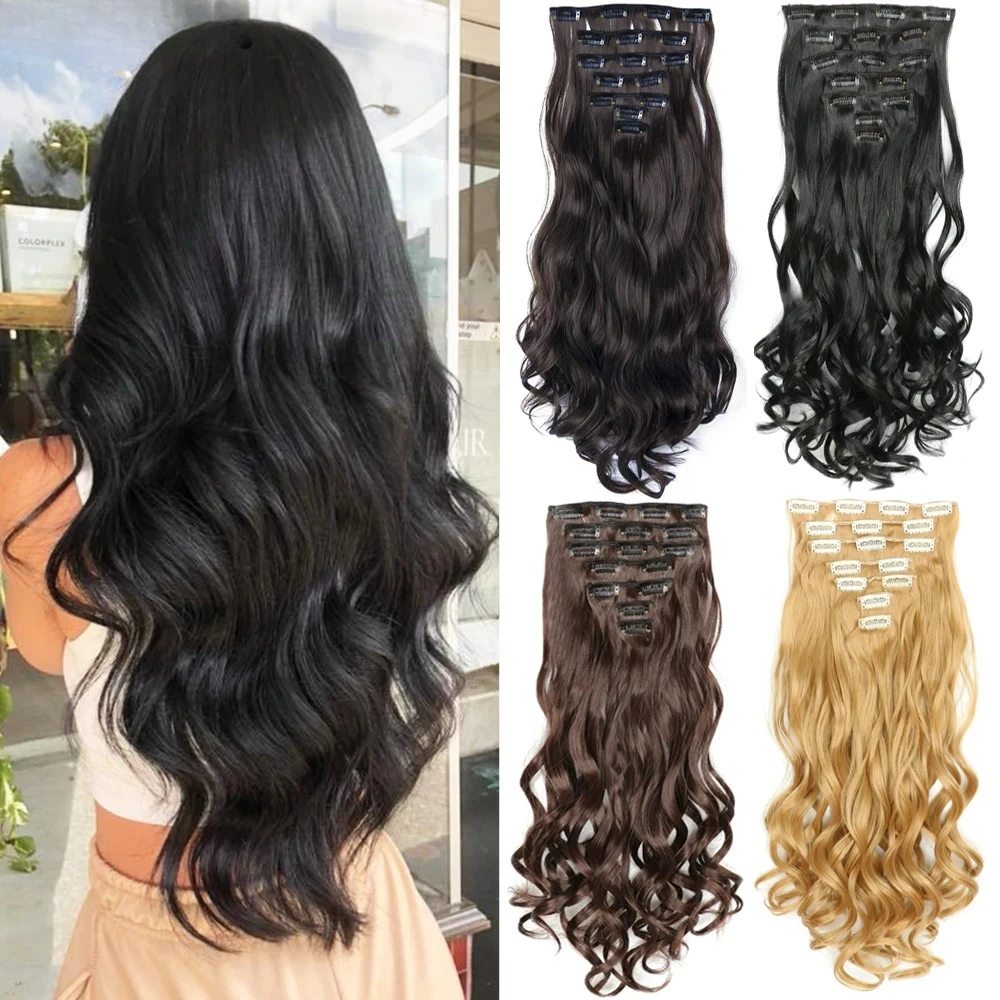 

16 зажимов синтетические 24-дюймовые длинные вьющиеся волосы шиньон термостойкие заколки для наращивания волос в омбре черный коричневый светлый женский