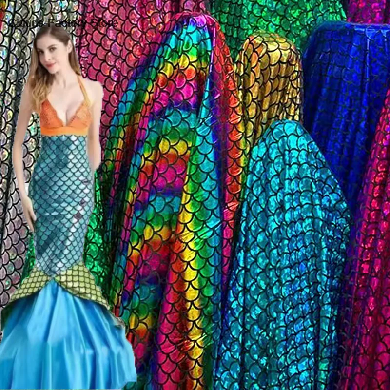 150X100cm 1lot Sparkly Scale Mermaid Fabric Hologram Spandex 2 Way Stretch fabric for skirt tail swimwear DIY
