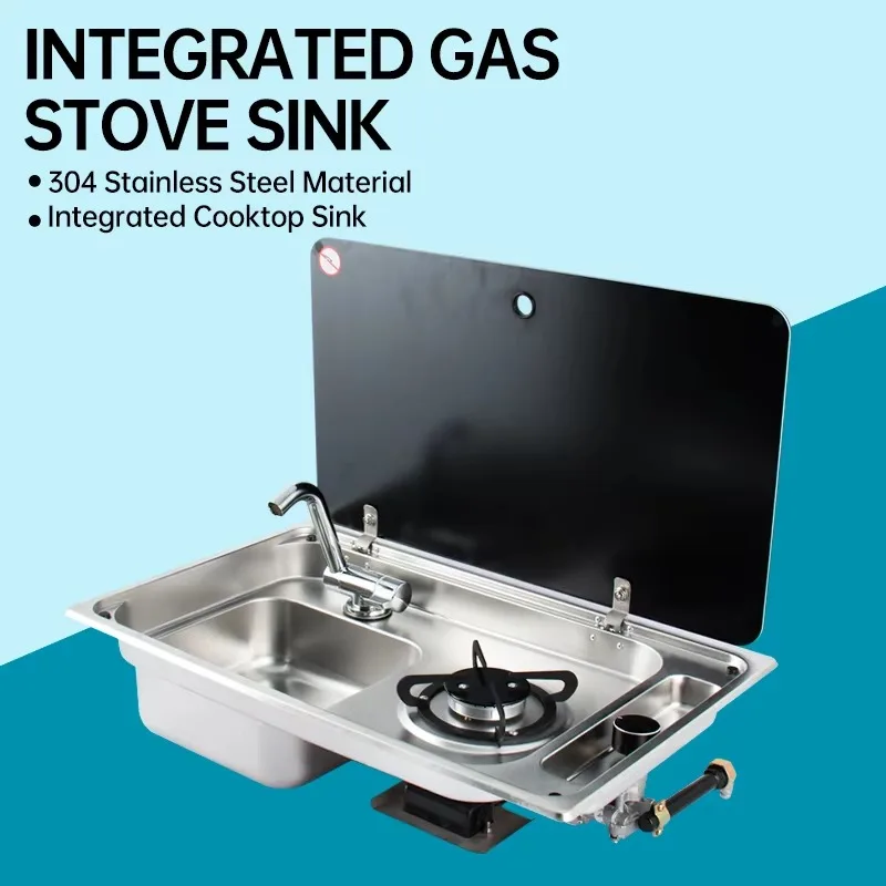 304 Stainless Steel RV Gas Stove Sink Combo with Tempered Glass Lid Single Burner for Camper Caravan Marine Boat Kitchen