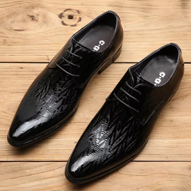 Fashion bamboo Leaf Pattern Brushed Man Leather Dress Shoes Italian First-layer Cowhide Pointed Toe Business Formal Shoes Men