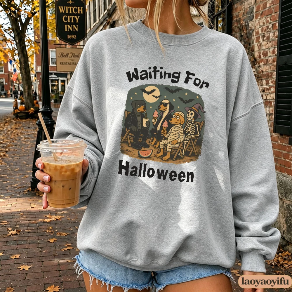 Waiting for Halloween Graphic Sweatshirt Women Funny Dog Mummy Skeleton Print Pullover Vintage Fall Spooky Season Casual Top