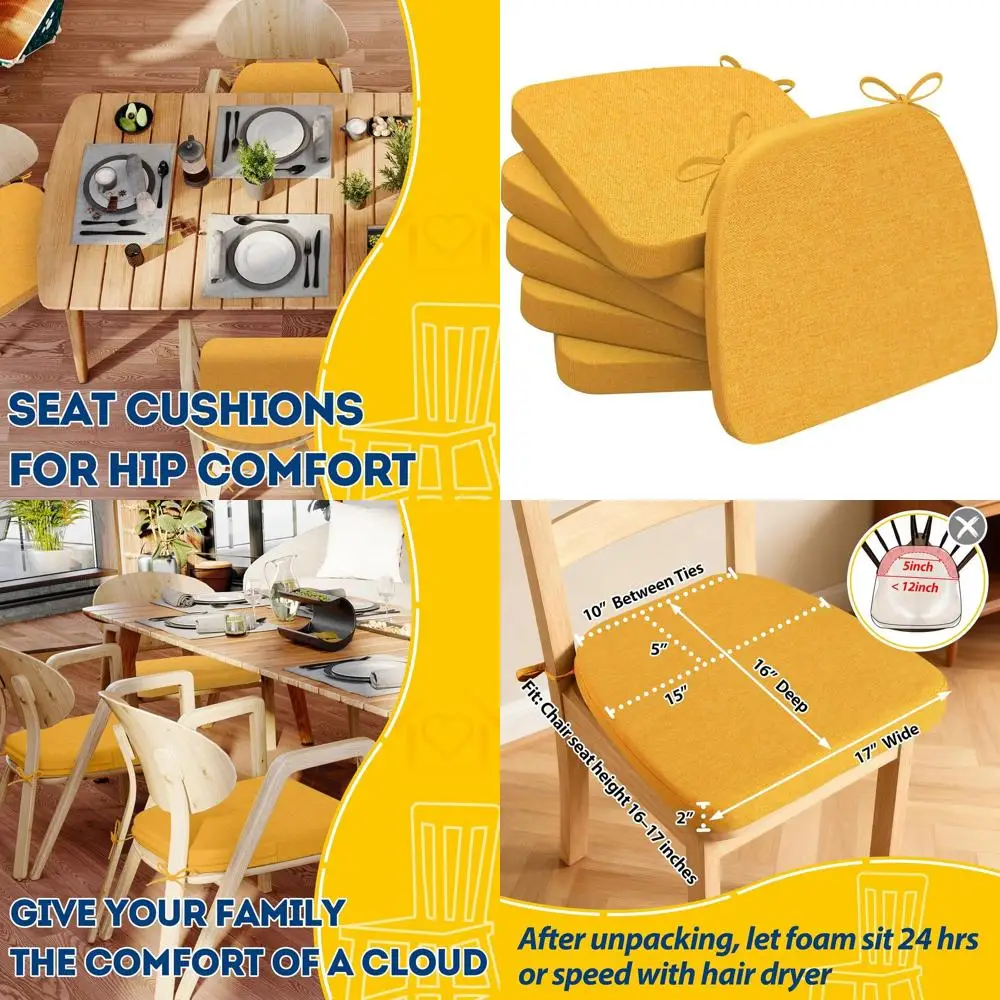 

Набор из 6 шт., 17x16 золотисто-желтых, 2 толстых D-образных подушки для стула с завязками и моющимися чехлами.