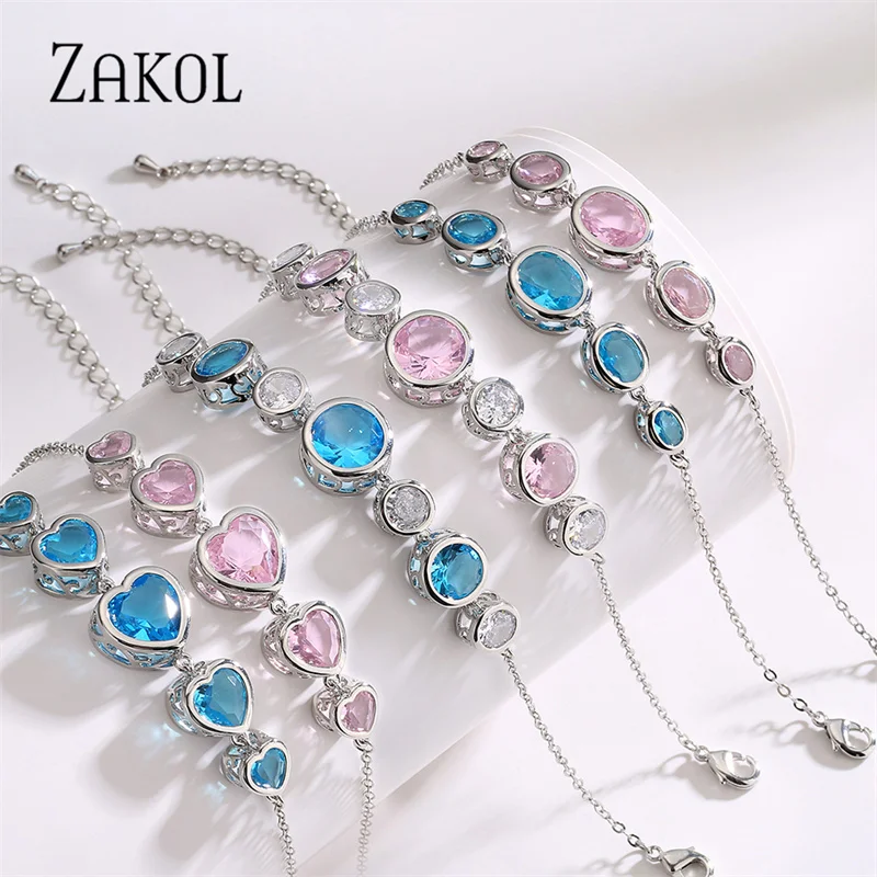 ZAKOL Romantic Pink Love Heart Zircon Bracelets for Women Fashion Geometry Crystal Light Blue Wedding Party Jewelry 2023 New