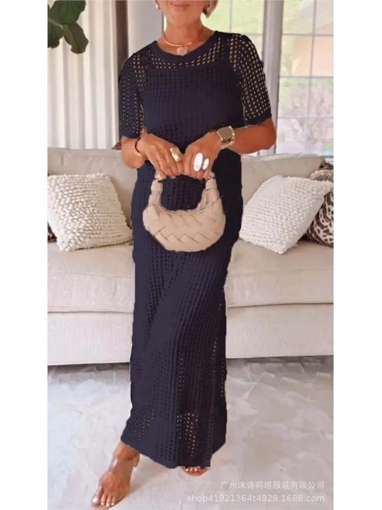 

Stitching Solid Color Suspender Dress 2026 Summer New Solid Color Simple Fashion Casual Hollow Perspective Design Women's Dress
