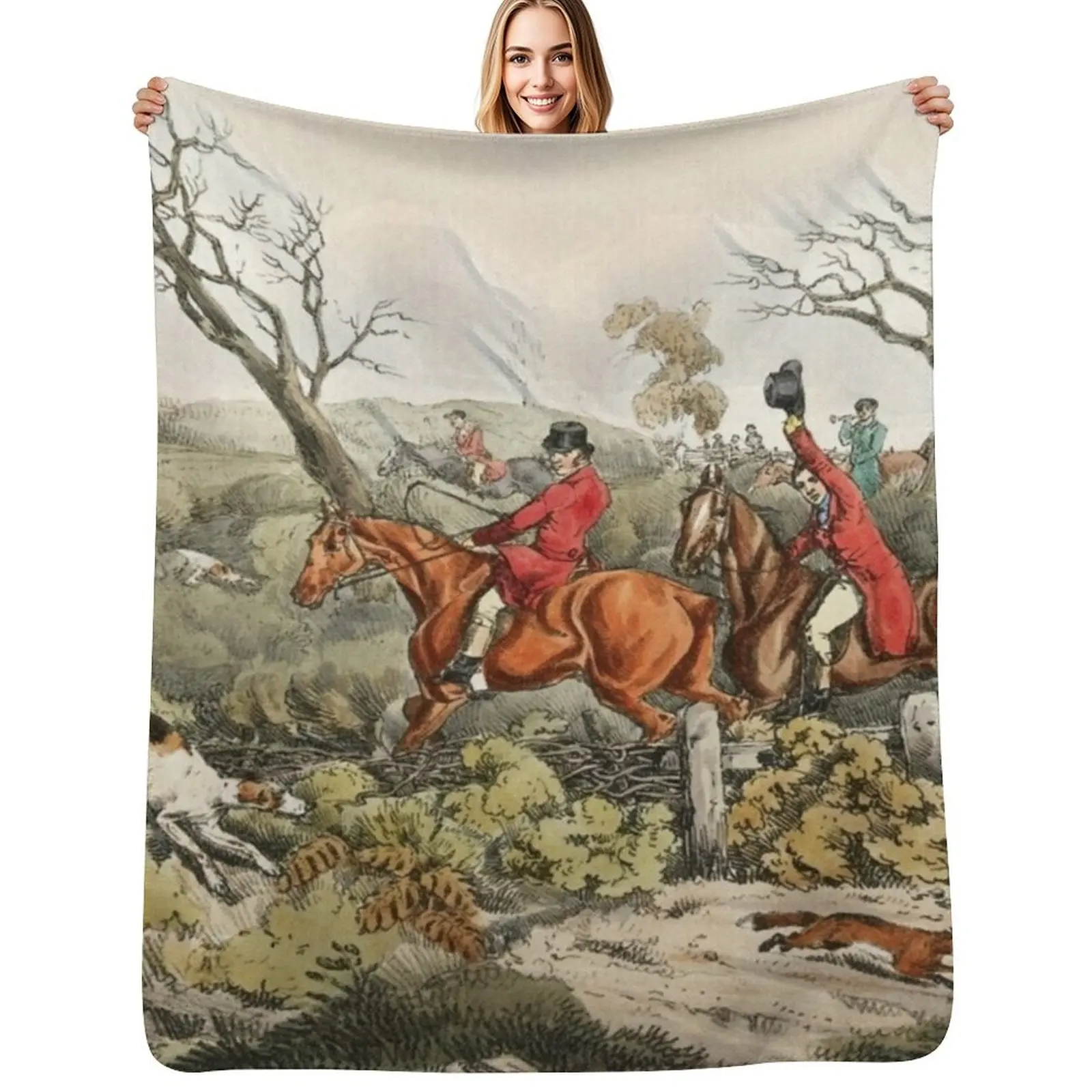 

Fox Hunting - Dogs Chasing a Fox Throw Blanket Soft Home Decor Blanket for Couch Bedroom