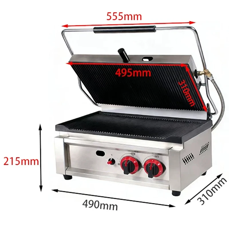 Professional Press Grill, Gas Griddle, Panini Contact Grill, Commercial Press Grill, Upper and Lower Heating Elements (Low-Press