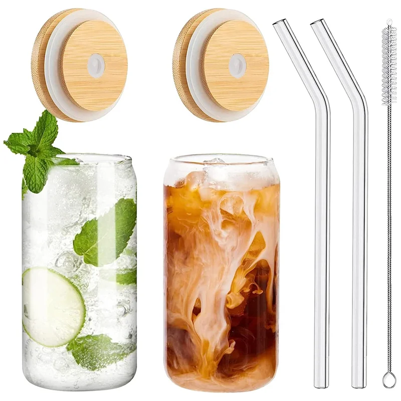 

Drinking Glasses with Bamboo Lids and Glass Straw 2PCS Set, 16Oz Can Shaped Glass Cups with Lids and Straws,Beer Glasses