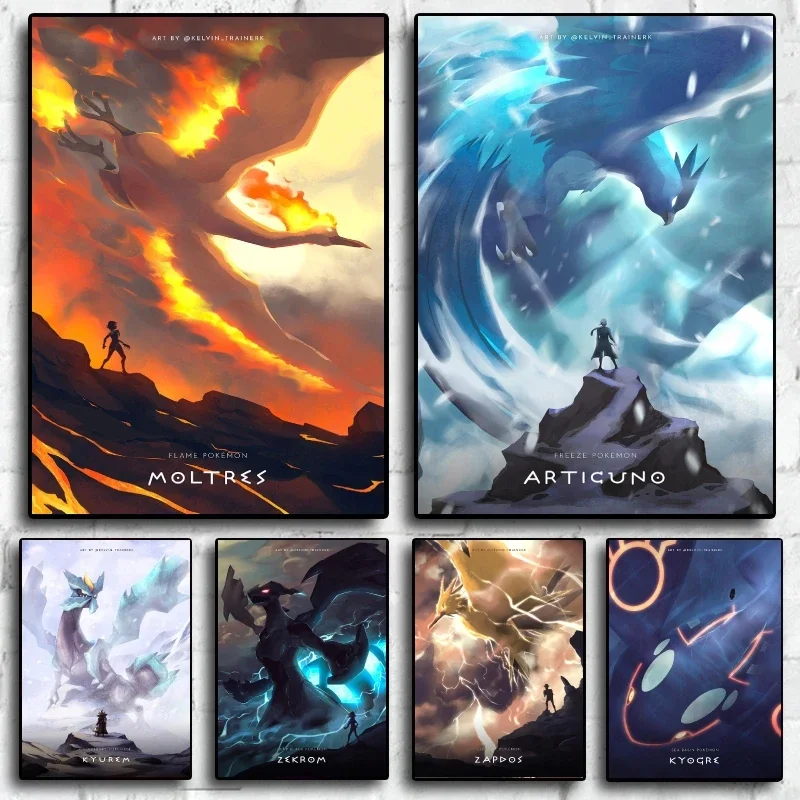 Pokemon Legendary Birds Decorative Paintings Moltres and Articuno High - Quality Print Anime Theme Wall Art for Collection