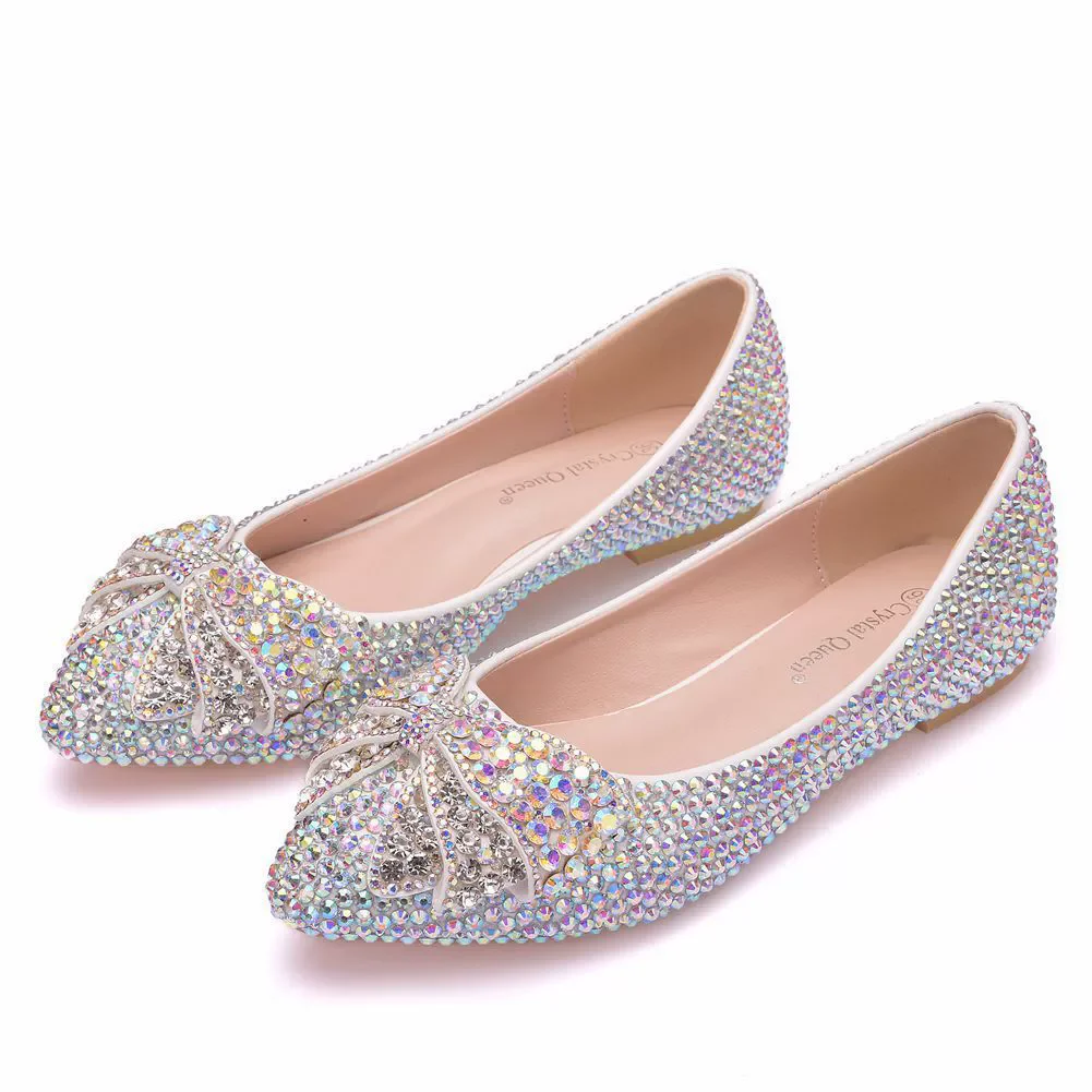 

Spring new pointed shallow mouth color rhinestone bow flat-heeled wedding shoes banquet daily large-size flat women's shoes