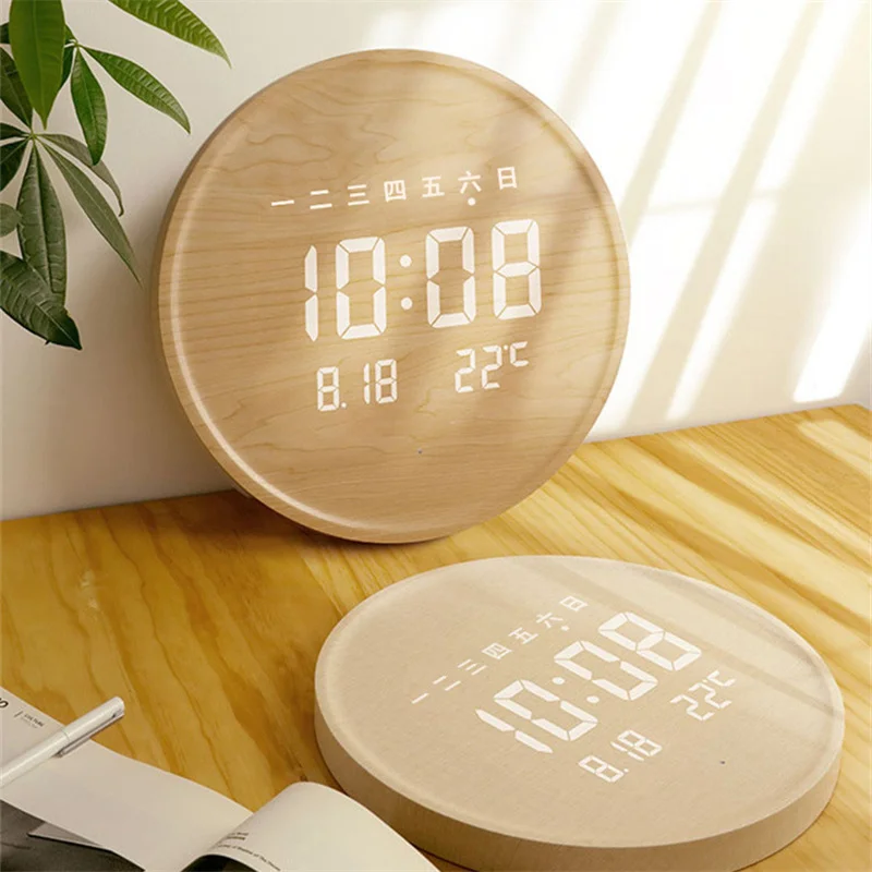 ChuHan rotondo in legno Led Display digitale calendario grande orologio da parete creativo semplice moderno moda domestica orologio luminoso silenzioso