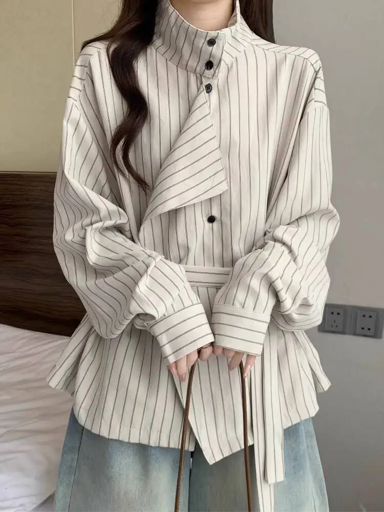 2025 Autumn New Women's Stand Collar Striped Shirt Plus Size Friendly Slim Fit Design Tie Waist Long Sleeve Shirts Top