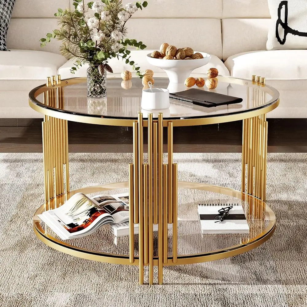 

Modern 2-Tier Round Glass Coffee Table with Metal Base, 31.5 Accent Table for Small Living Spaces