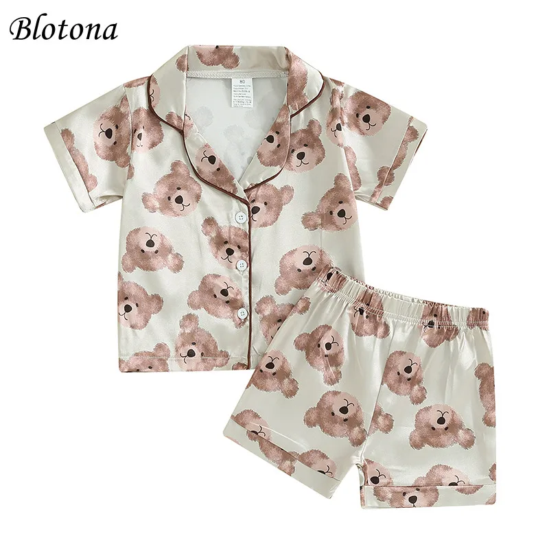 Blotona Kids Boys Girls Summer Pajama Set Cartoon Bear Print Lapel Short Sleeve Shirt with Elastic Waist Shorts Outfit Sleepwear