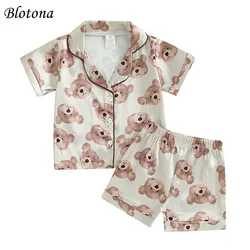 Blotona Kids Boys Girls Summer Pajama Set Cartoon Bear Print Lapel Short Sleeve Shirt with Elastic Waist Shorts Outfit Sleepwear