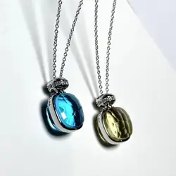 Pendant Necklace for Women Inlay Zircon With Blue Topaz Pendant Perfume Bottle Shape Elegant Fashion Jewelry