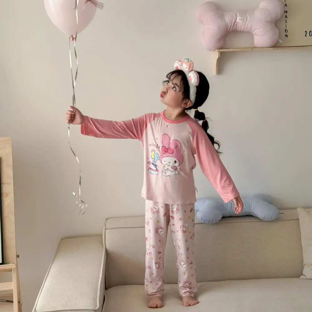

Детский пижамный комплект Sanrio Kuromi My Melody, кавайная одежда для сна из чистого хлопка с длинными рукавами, детская домашняя одежда с героями мультфильмов, костюм для девочек, домашняя одежда