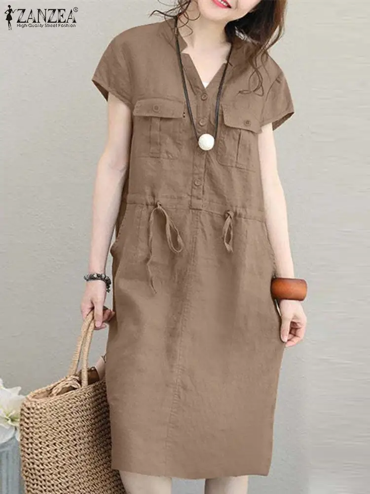 ZANZEA Summer Short Sleeve Solid Knee-length Dress Fashion Women V Neck Casual Drawstring Waist Vestidos Party Beach Sundress