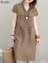 ZANZEA Summer Short Sleeve Solid Knee-length Dress Fashion Women V Neck Casual Drawstring Waist Vestidos Party Beach Sundress
