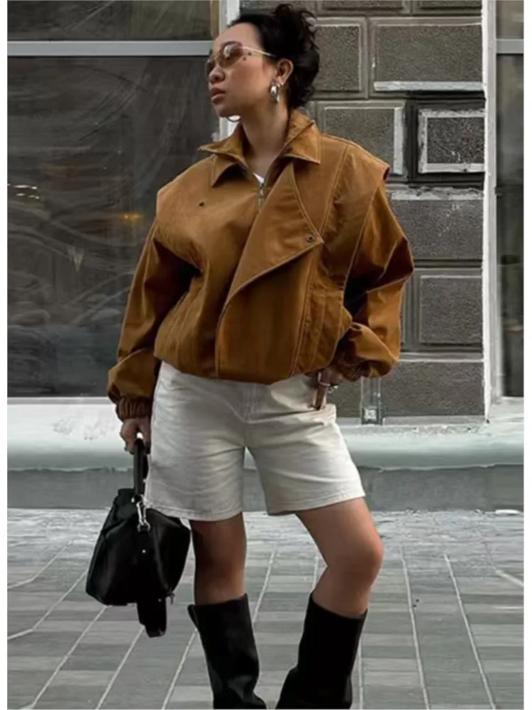 

Женская замшевая текстурированная куртка, осенняя простая повседневная куртка с воротником-стойкой и асимметрией, универсальные облегающие женские топы с длинными рукавами