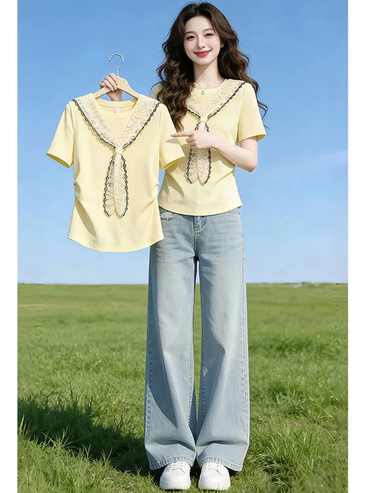 Fashionable Lace Shoulder Wrap T-Shirt Short Sleeve Women's Casual High-End Feeling Summer New Arrival Ladies' Top