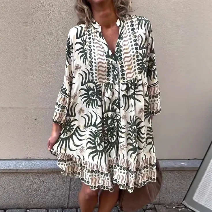 Abito casual stampato Boho per donna Primavera Estate Nuovo stile vacanza Abito longuette monopetto con scollo a V ampio e maniche lunghe