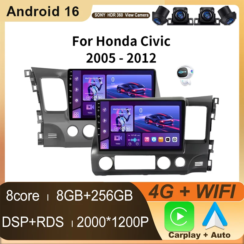 Android 16 For Honda Civic 8 2005 - 2012 Car Radio Wireless Carplay Player Android Auto Stereo Multimedia 2din DVD 8core WIFI